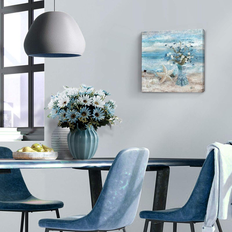 Nicetop Bathroom Decor Wall Art Blue Beach Picture Ocean Theme Flower Canvas Print Modern Coastal Seascape Painting Framed Seaside Artwork Floral Daisy in Indian Vase for Home Sea Lake Bedroom 14x14inch - Image 5
