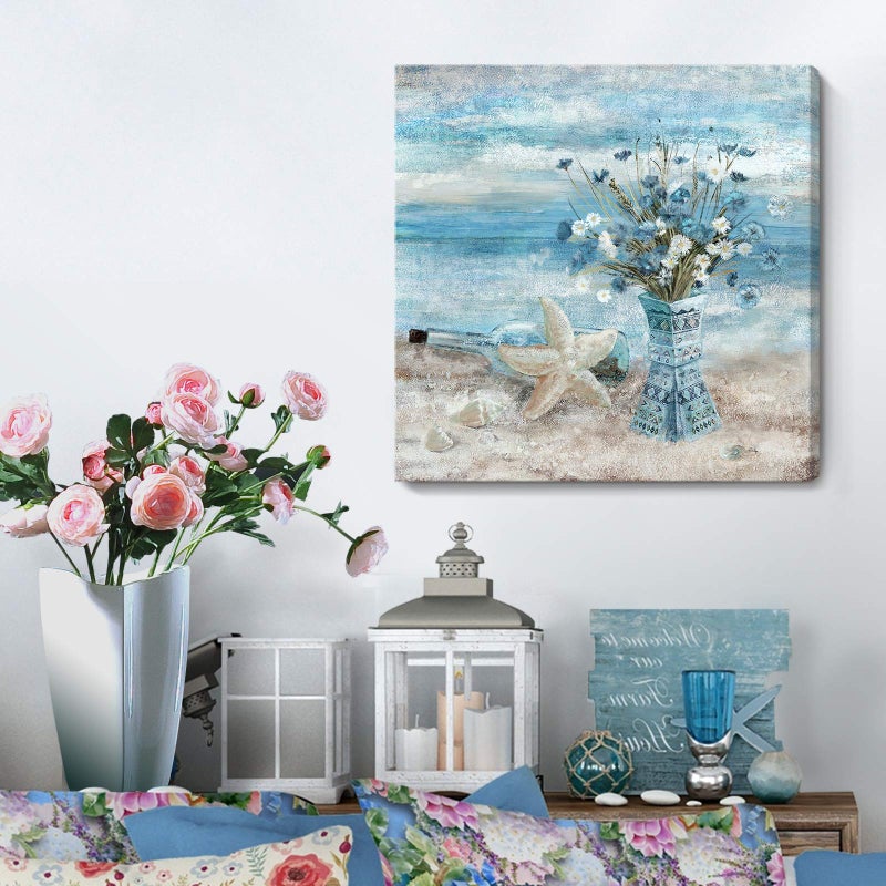 Nicetop Bathroom Decor Wall Art Blue Beach Picture Ocean Theme Flower Canvas Print Modern Coastal Seascape Painting Framed Seaside Artwork Floral Daisy in Indian Vase for Home Sea Lake Bedroom 14x14inch - Image 3