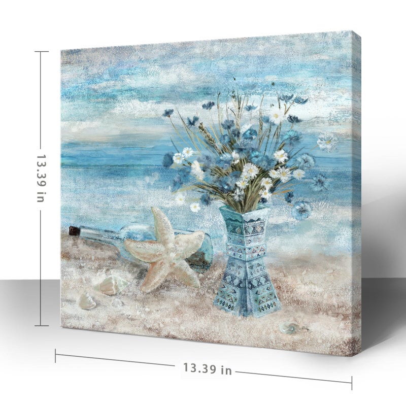 Nicetop Bathroom Decor Wall Art Blue Beach Picture Ocean Theme Flower Canvas Print Modern Coastal Seascape Painting Framed Seaside Artwork Floral Daisy in Indian Vase for Home Sea Lake Bedroom 14x14inch - Image 2