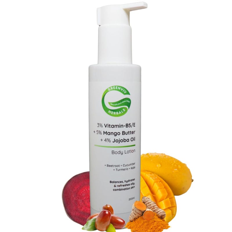 Greenviv 3% Vitamin B5 & E + 5% Mango Butter + 4% Jojoba Oil Glow & Nourish Body Lotion | Lightweight & Fast-Absorbing for Balanced Skin | 200ml - Image 1