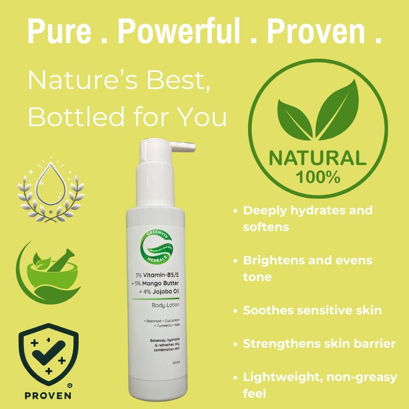 Greenviv 3% Vitamin B5 & E + 5% Mango Butter + 4% Jojoba Oil Glow & Nourish Body Lotion | Lightweight & Fast-Absorbing for Balanced Skin | 200ml - Image 2