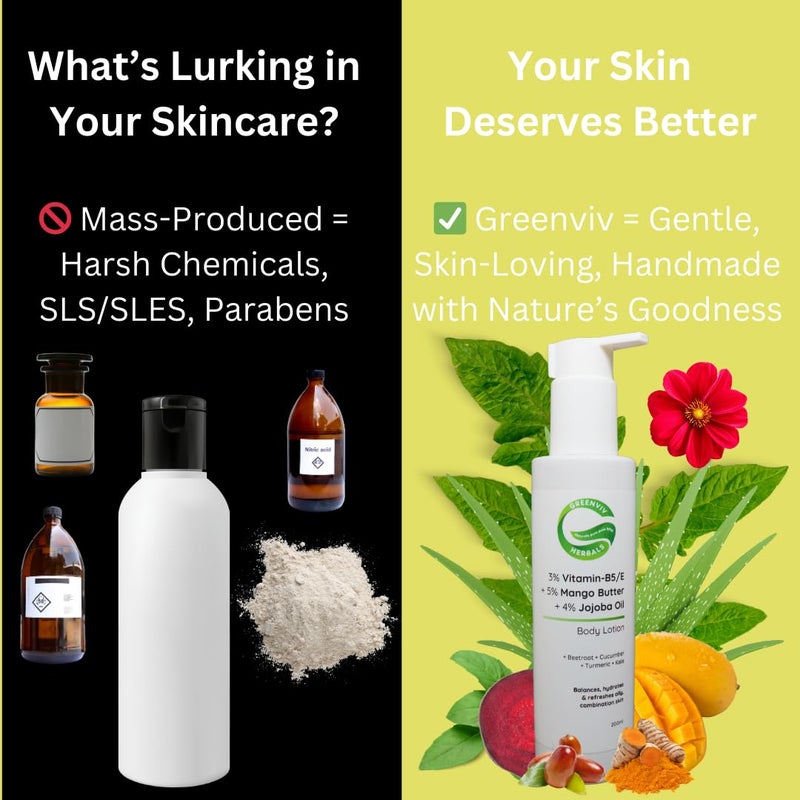 Greenviv 3% Vitamin B5 & E + 5% Mango Butter + 4% Jojoba Oil Glow & Nourish Body Lotion | Lightweight & Fast-Absorbing for Balanced Skin | 200ml - Image 3
