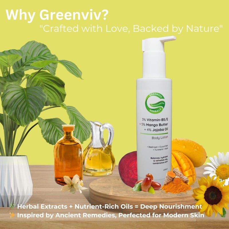 Greenviv 3% Vitamin B5 & E + 5% Mango Butter + 4% Jojoba Oil Glow & Nourish Body Lotion | Lightweight & Fast-Absorbing for Balanced Skin | 200ml - Image 4