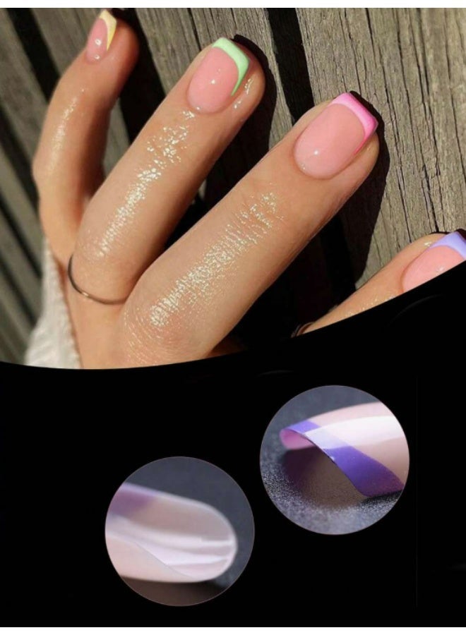 KHAJUL 240-Piece Short Round Press-On Nails, Multi-Color Mixed Fake Nail Patches for Nail Art Supplies (Pink, Green, Purple,Yellow) - Image 3