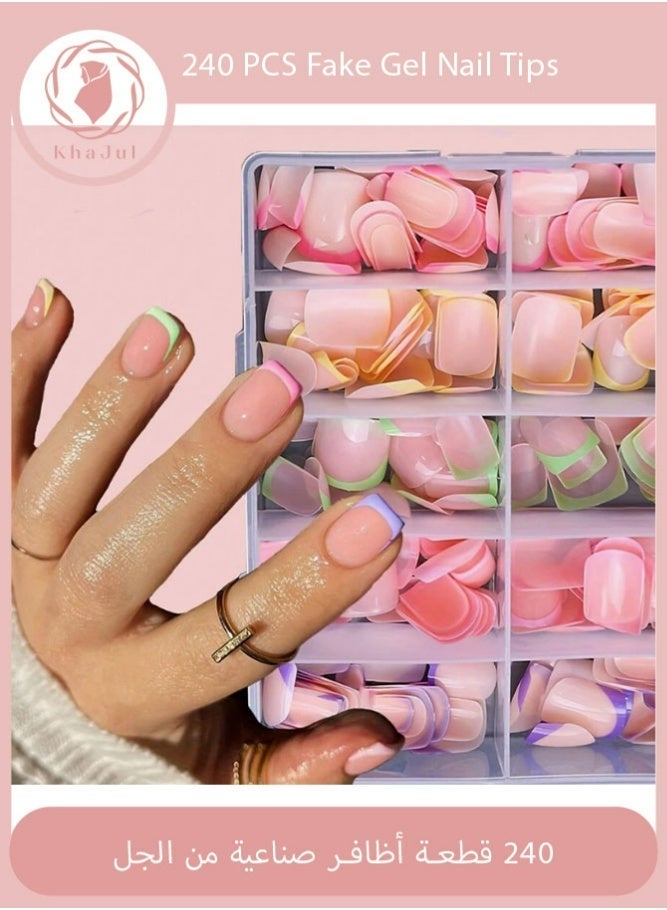 KHAJUL 240-Piece Short Round Press-On Nails, Multi-Color Mixed Fake Nail Patches for Nail Art Supplies (Pink, Green, Purple,Yellow) - Image 1
