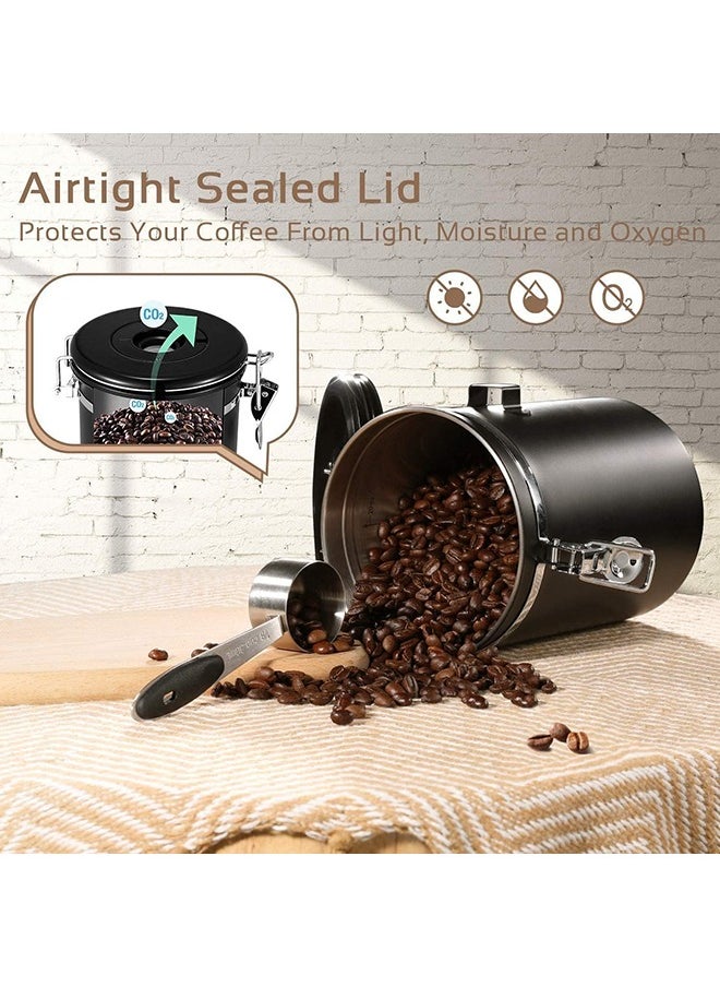 Arabest - Coffee Canister Stainless Steel Food Storage Container with Date Tracker, CO2 Release Valve and Measuring Scoop for Beans Grounds Tea Flour Cereal Sugar, Black - Image 1