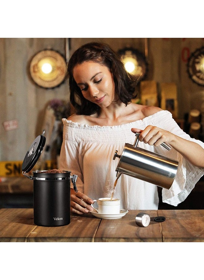 Arabest - Coffee Canister Stainless Steel Food Storage Container with Date Tracker, CO2 Release Valve and Measuring Scoop for Beans Grounds Tea Flour Cereal Sugar, Black - Image 1