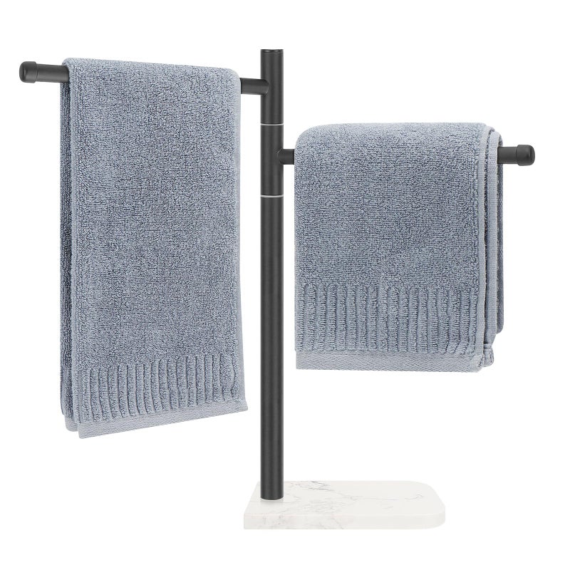 Winmien Standing Hand Towel Holder, Hand Towel Stand with Marble Base, 304 Stainless Steel Towel Rack with 2 Swivel Arm, Countertop Stand Towel Ring Towel Bar for Bathroom (Matte Black) - Image 1