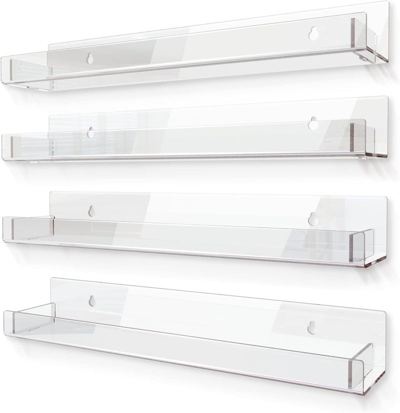RORKIM 4 Pack 15 Inch Clear Acrylic Shelves, Clear Kids Floating Bookshelf for Kids Room, Modern Nail Polish Rack Sunglasses Essential Oil Picture Ledge Display Toy Storage Wall Shelf - Image 1