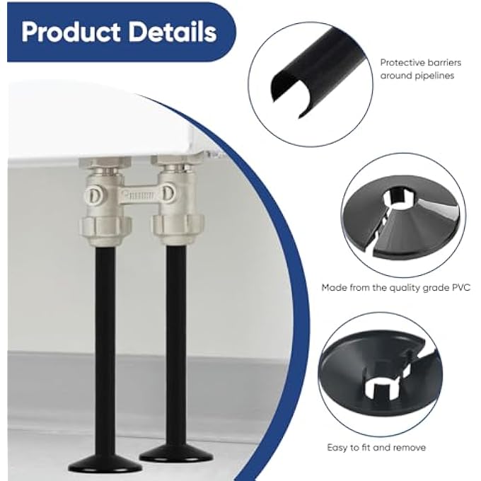 2 PCS RADIATOR PIPE COVERS BLACK WITH COLLARS - 15 X 200 MM SNAP-ON SILICONE PIPE SLEEVES AND RADIATOR PIPE COLLARS - PVC PIPE COVER CAPS FOR RADIATORS AND HEATING PIPES - Image 3
