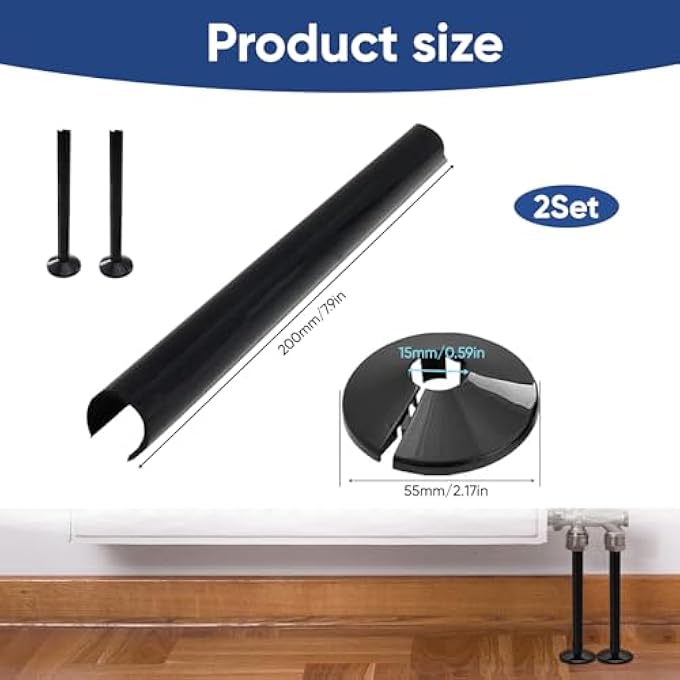 2 PCS RADIATOR PIPE COVERS BLACK WITH COLLARS - 15 X 200 MM SNAP-ON SILICONE PIPE SLEEVES AND RADIATOR PIPE COLLARS - PVC PIPE COVER CAPS FOR RADIATORS AND HEATING PIPES - Image 2