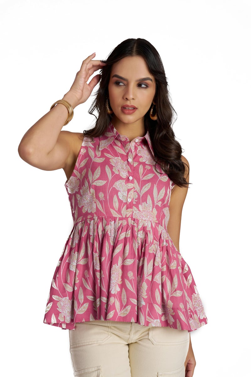 Berry&Bird BERRY BIRD Women Contrast Shirt Collar Printed Sleeveless Peplum Top - Image 1