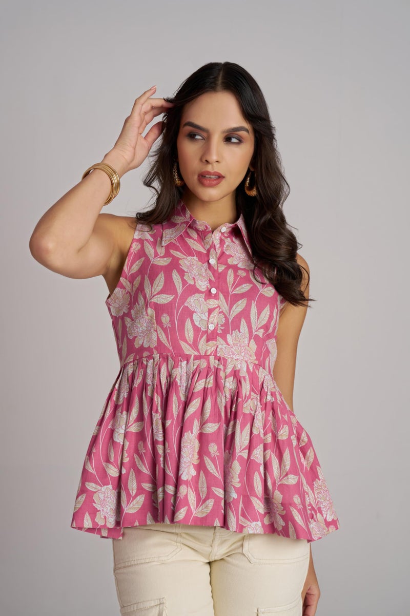 Berry&Bird BERRY BIRD Women Contrast Shirt Collar Printed Sleeveless Peplum Top - Image 2