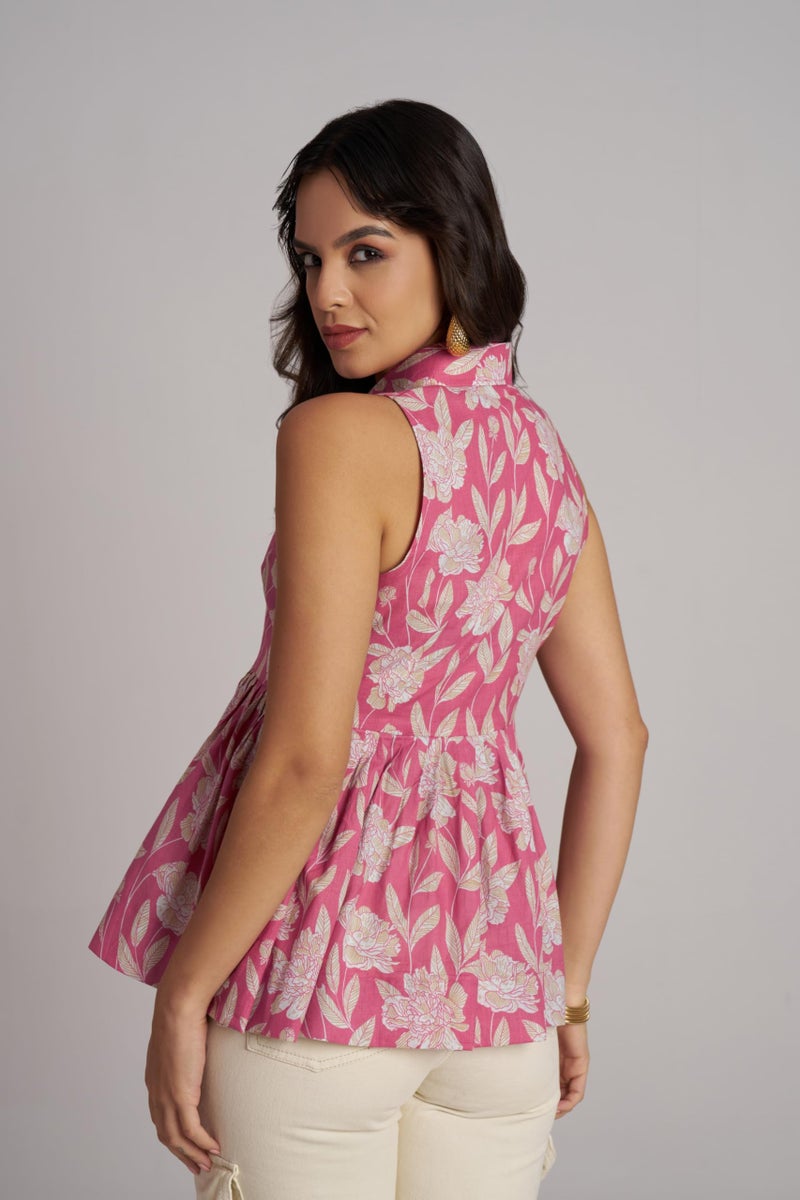 Berry&Bird BERRY BIRD Women Contrast Shirt Collar Printed Sleeveless Peplum Top - Image 3