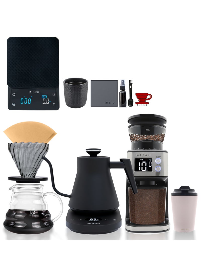 MIBRU V60 Drip Coffee Maker Kit 12 Pieces, with Electric Drip Coffee Kettle, Manual Narrow Neck Coffee Maker, Restrictor Spout for Drip Coffee Maker, Electric Coffee Bean Grinder for Drip Coffee and Espresso, Coffee Bean Spray Bottle, Paper Coffee Filter, Coffee Dripper, Professional Coffee Scale Kitchen, Coffee Maker, Specialty Coffee Set, Specialty Coffee Tools Coffee Machine, Coffee Cup, Pour Over Coffee Maker Accessories - Image 1