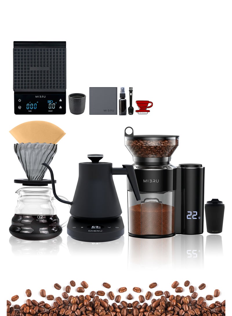 MIBRU V60 Drip Coffee Maker Kit 12 Pieces, with Electric Drip Coffee Kettle, Manual Narrow Neck Coffee Maker, Restrictor Spout for Drip Coffee Maker, Electric Coffee Bean Grinder for Drip Coffee and Espresso, Coffee Bean Spray Bottle, Paper Coffee Filter, Coffee Dripper, Professional Coffee Scale Kitchen, Coffee Maker, Specialty Coffee Set, Specialty Coffee Tools Coffee Machine, Coffee Cup, Pour Over Coffee Maker Accessories - Image 1