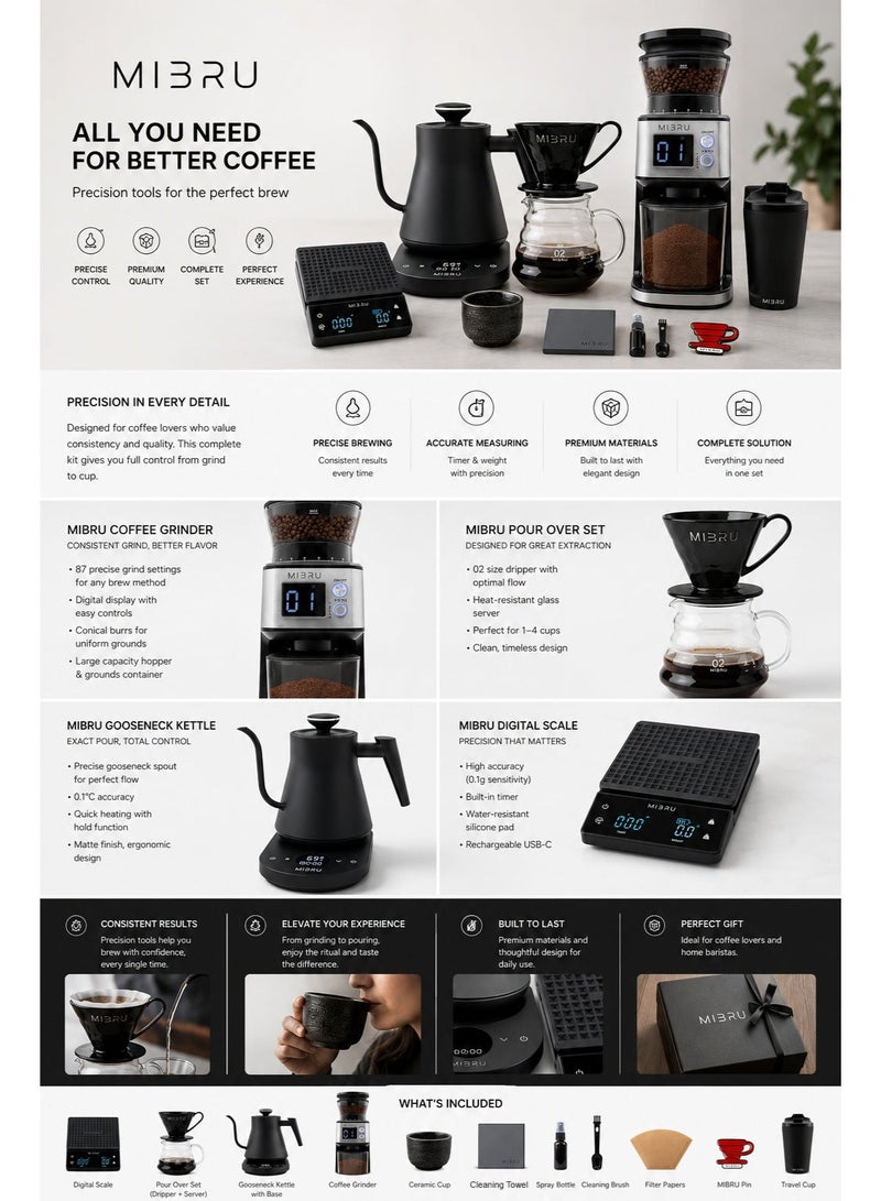 MIBRU V60 Drip Coffee Maker Kit 12 Pieces, with Electric Drip Coffee Kettle, Manual Narrow Neck Coffee Maker, Restrictor Spout for Drip Coffee Maker, Electric Coffee Bean Grinder for Drip Coffee and Espresso, Coffee Bean Spray Bottle, Paper Coffee Filter, Coffee Dripper, Professional Coffee Scale Kitchen, Coffee Maker, Specialty Coffee Set, Specialty Coffee Tools Coffee Machine, Coffee Cup, Pour Over Coffee Maker Accessories - Image 2