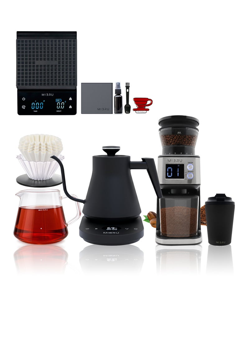 MIBRU V60 Drip Coffee Maker Kit 12 Pieces, with Electric Drip Coffee Kettle, Manual Narrow Neck Coffee Maker, Restrictor Spout for Drip Coffee Maker, Electric Coffee Bean Grinder for Drip Coffee and Espresso, Coffee Bean Spray Bottle, Paper Coffee Filter, Coffee Dripper, Professional Coffee Scale Kitchen, Coffee Maker, Specialty Coffee Set, Specialty Coffee Tools Coffee Machine, Coffee Cup, Pour Over Coffee Maker Accessories - Image 1