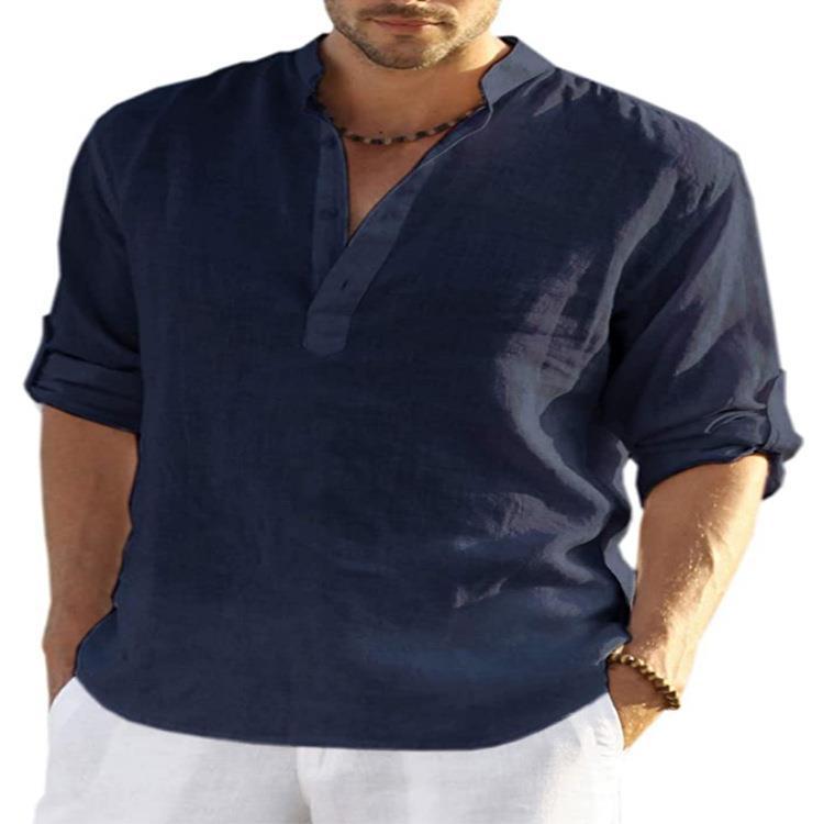 Men'S Shirt 023 Linen Long-Sleeved T-Shirt Loose Undershirt Solid Color Long-Sleeved Cotton Linen Shirt Jacket For Men - Image 4
