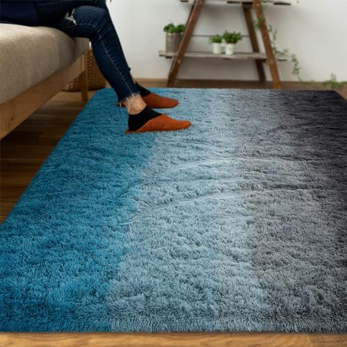 DweIke Luxury Fluffy Kids Rugs for Living Room Bedroom 4x6 Feet Shaggy Black and Blue Area Rug for Girls Boys Upgrade Plush NonSlip and Washable Colorful Fuzzy Carpet for Dorm Nursery Decor - Image 3