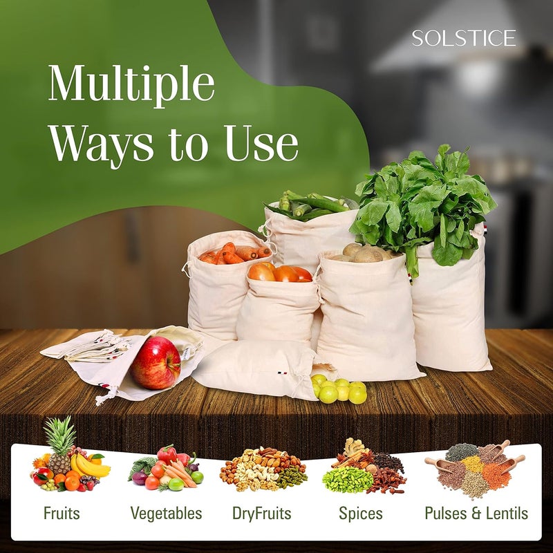 Solstice أكياس تخزين الثلاجة من القطن الموسلين للخضروات والفواكه للمطبخ | قابلة للغسل، قابلة لإعادة الاستخدام، أكياس تخزين وتصريف متعددة الأغراض - مجموعة من 10 (5 كبيرة، 5 متوسطة)، مع حبل سحب - Image 4