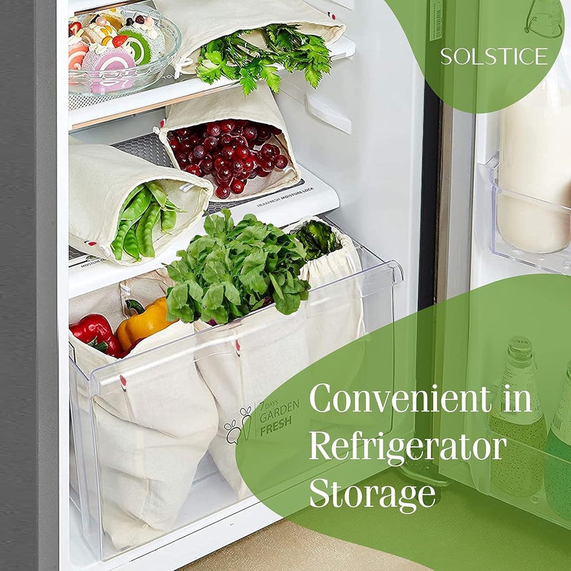 Solstice أكياس تخزين الثلاجة من القطن الموسلين للخضروات والفواكه للمطبخ | قابلة للغسل، قابلة لإعادة الاستخدام، أكياس تخزين وتصريف متعددة الأغراض - مجموعة من 10 (5 كبيرة، 5 متوسطة)، مع حبل سحب - Image 5