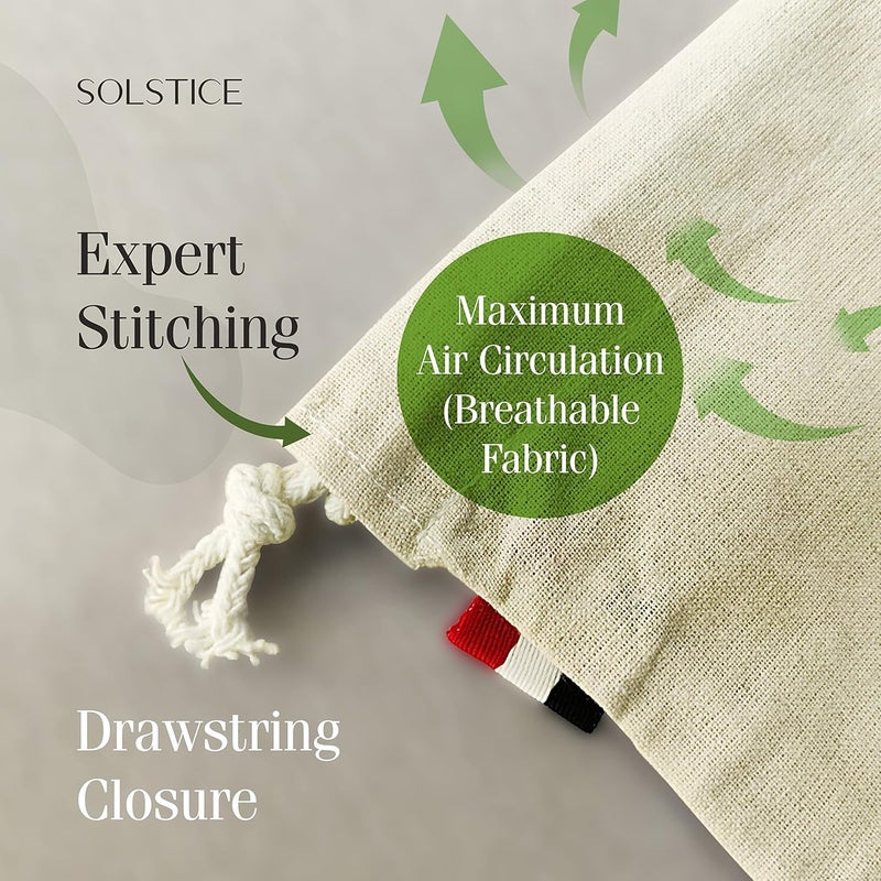 Solstice أكياس تخزين الثلاجة من القطن الموسلين للخضروات والفواكه للمطبخ | قابلة للغسل، قابلة لإعادة الاستخدام، أكياس تخزين وتصريف متعددة الأغراض - مجموعة من 10 (5 كبيرة، 5 متوسطة)، مع حبل سحب - Image 3