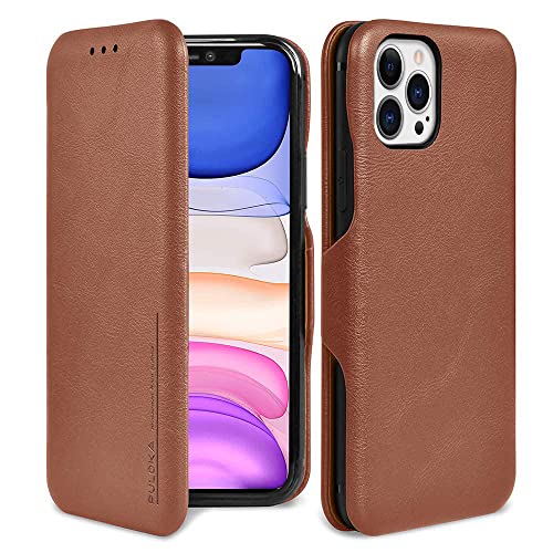 PULOKA for iPhone 13 Pro Max - Sleek Flip Case - Premium Vegan Leather Phone Cover with Card Slot - Slim, Durable, Privacy Protection - Kickstand Function - Elegant Flip Wallet Cases for Apple - BROWN - Image 1