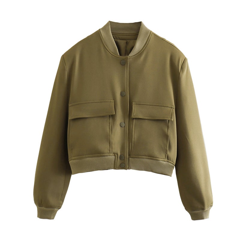 Wholesale cross-border spring new European and American style womens large pocket jacket stand collar coat for women Army Green 