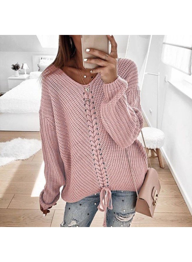 NIBEMINENT Autumn And Winter European And American Women's Long-sleeved Loose V-neck Drawstring Backless Pullover Knitted Sweater - Image 1