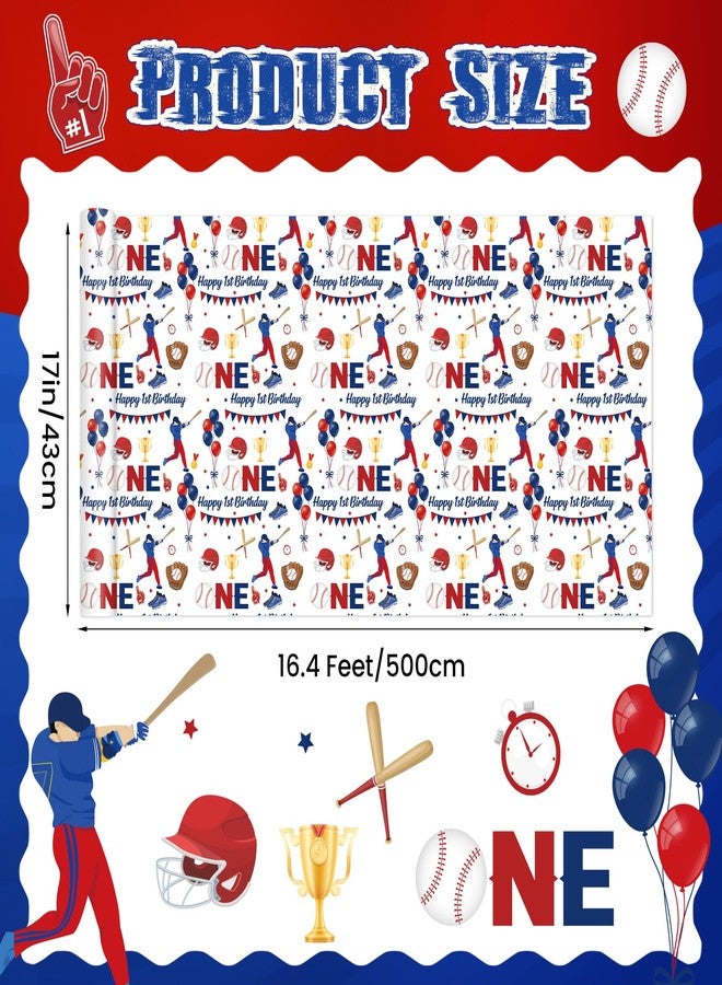 Pineraap Baseball 1st Birthday Wrapping Paper Roll for Boy, Baseball Age One Gift Wrap Paper, Blue Sports 1 Year Old Gift Art Packing Paper for Baby Shower First Birthday's Party, 17Inch x 16.5Feet - Image 2