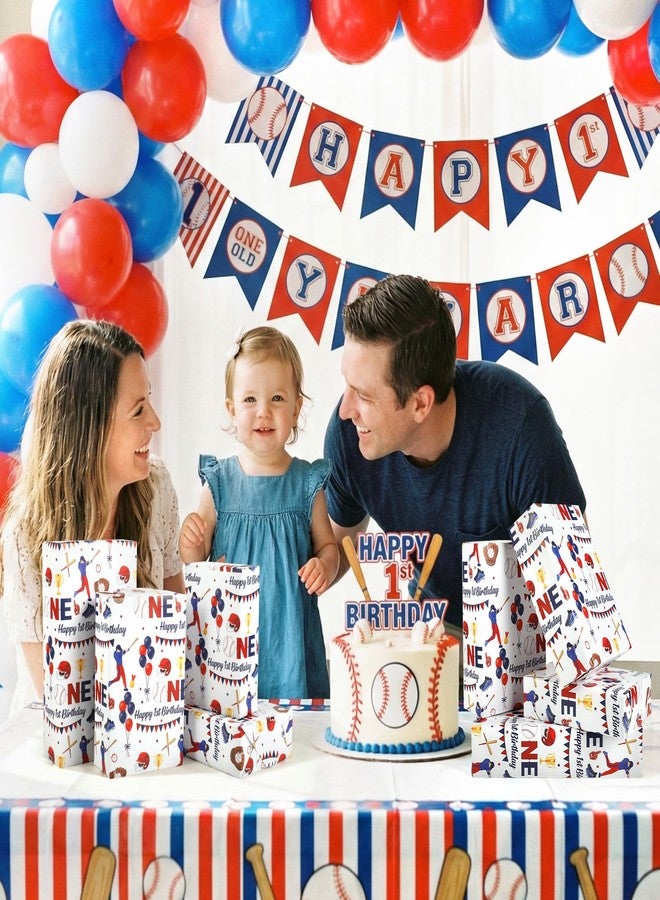 Pineraap Baseball 1st Birthday Wrapping Paper Roll for Boy, Baseball Age One Gift Wrap Paper, Blue Sports 1 Year Old Gift Art Packing Paper for Baby Shower First Birthday's Party, 17Inch x 16.5Feet - Image 5