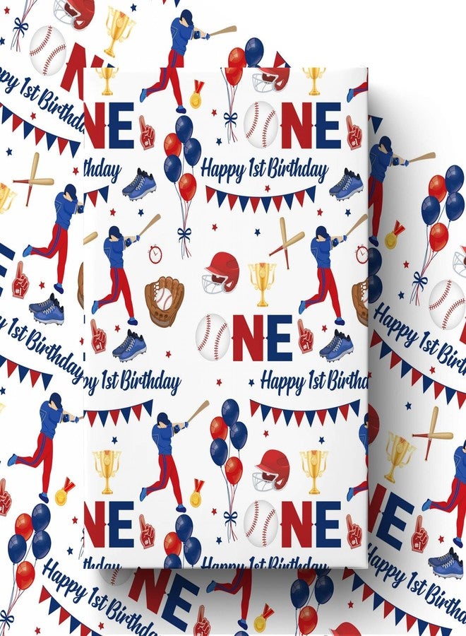 Pineraap Baseball 1st Birthday Wrapping Paper Roll for Boy, Baseball Age One Gift Wrap Paper, Blue Sports 1 Year Old Gift Art Packing Paper for Baby Shower First Birthday's Party, 17Inch x 16.5Feet - Image 1