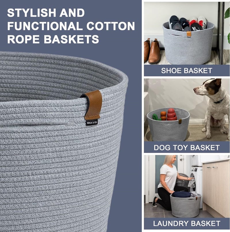 DENJA & CO Large Blanket Basket for Living Room - Decorative Woven Baskets for Storage | Cotton Rope Large Baskets for Blankets, Pillows, Toys, or Laundry | Light Gray (17.7" Wide x 11.4" Tall) - Image 2