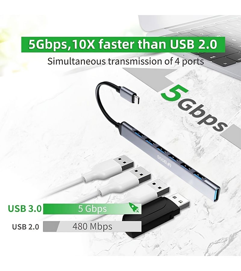 موزع USB 3.0 بـ 7 منافذ مع مهايئ ألومنيوم لأجهزة الكمبيوتر المحمولة ولابتوب وماك بوك وسيرفس برو - Image 5