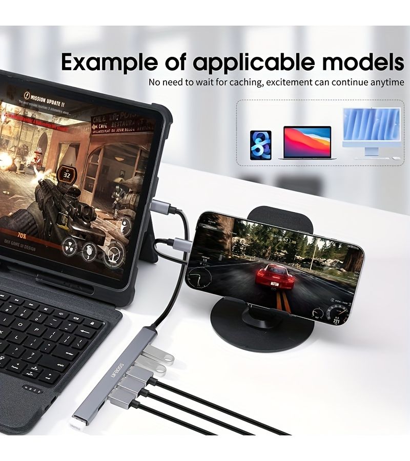 موزع USB 3.0 بـ 7 منافذ مع مهايئ ألومنيوم لأجهزة الكمبيوتر المحمولة ولابتوب وماك بوك وسيرفس برو - Image 1