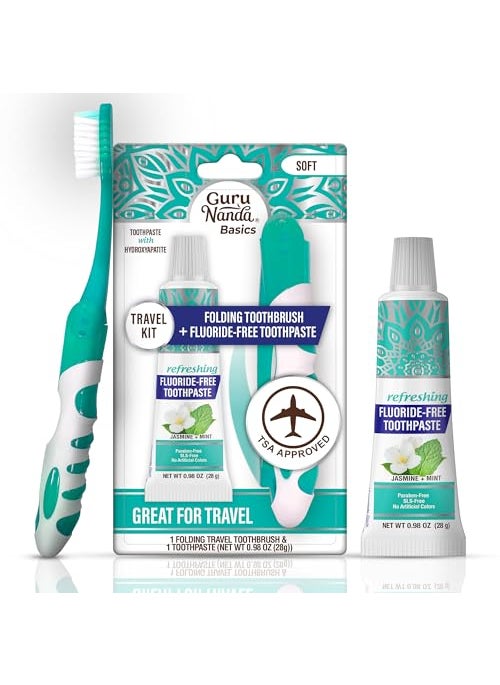 GuruNanda - GuruNanda Folding Toothbrush with Builtin Cover  Toothpaste with Hydroxyapatite Perfect for Travel Compact  Portable OnThego  Soft Bristles  Ergonomic Handle for Adults  Kids 1 Count - Image 1