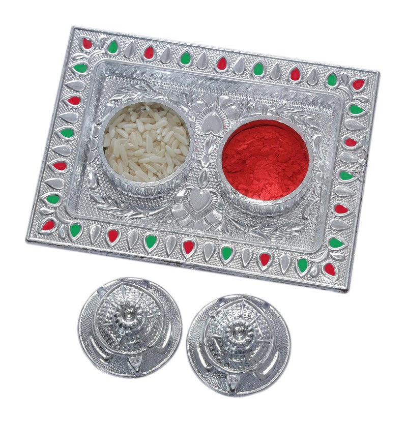 Madhuli Square Minakari Kankavati Set Silver Traditional Design Decorative Meenakari Kumkum Holder Pooja Items for Home Best for Rakhi Diwali Wedding Mandir Puja Ghar Return Gift Pack of 2 - Image 2