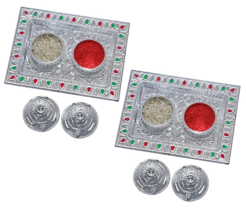Madhuli Square Minakari Kankavati Set Silver Traditional Design Decorative Meenakari Kumkum Holder Pooja Items for Home Best for Rakhi Diwali Wedding Mandir Puja Ghar Return Gift Pack of 2 - Image 1
