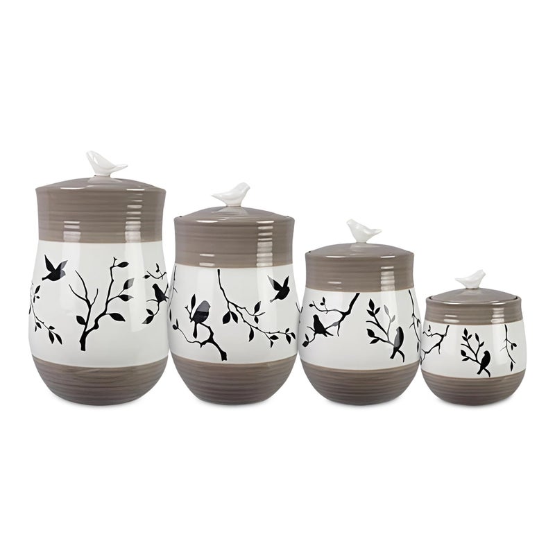 Young's Inc. 4 Pcs Set Botanical Ceramic Canisters- Storage Container for Kitchen and Bathroom - Beautiful Home Decor Accent to Store Food, Coffee, Tea, and More - Brown, White - Image 1