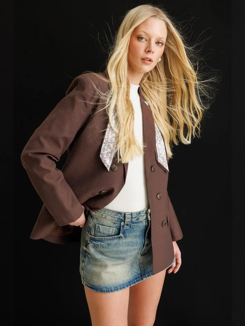MixRay Coffee Brown MIXRAY Linen Blazer Jacket with Scarf Detail for Women | Best Price UAE