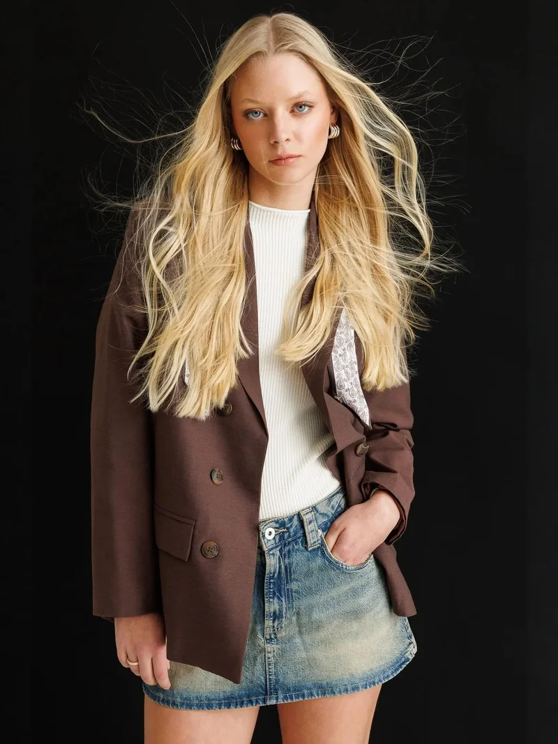 MixRay Coffee Brown MIXRAY Linen Blazer Jacket with Scarf Detail for Women | Best Price UAE