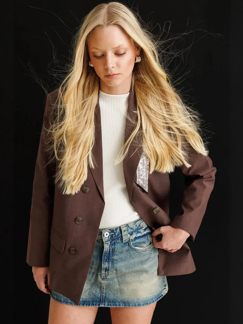MixRay Coffee Brown MIXRAY Linen Blazer Jacket with Scarf Detail for Women | Best Price UAE
