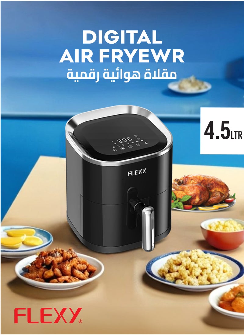 Flexy Digital Air Fryer 4.5L, 360° Heating, One-Click Operation, 1500W, 45L Capacity, Non-Stick Coating, Easy Cleaning, Automatic Shut-Off, Digital Display, 2-Year Warranty.