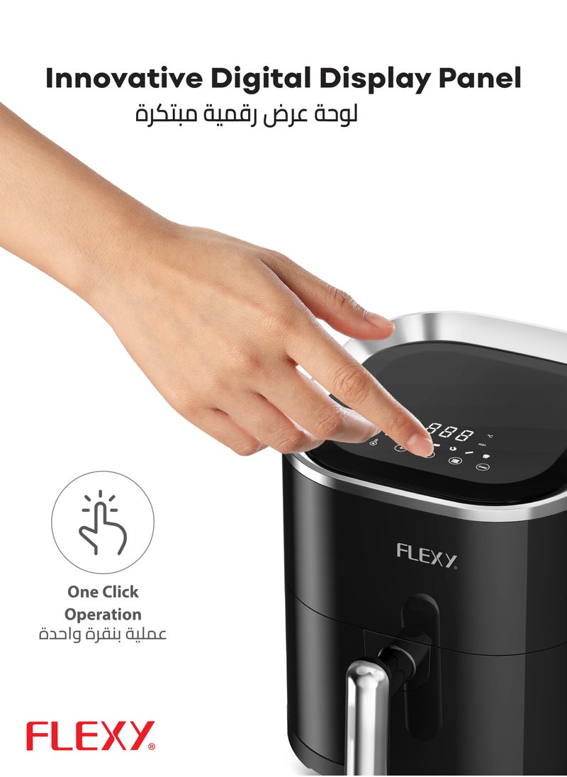 Flexy Digital Air Fryer 4.5L, 360° Heating, One-Click Operation, 1500W, 45L Capacity, Non-Stick Coating, Easy Cleaning, Automatic Shut-Off, Digital Display, 2-Year Warranty.