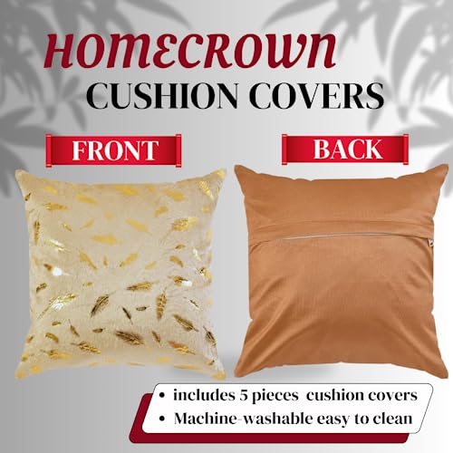 HOMECROWN 16x16 Inch Velvet Cushion Covers Set of 5 Pcs, Soft Decorative Golden Feather Print Faux Fur Throw Pillow Covers for Sofa, Couch, Bed, Living Room (Beige)-250 TC - Image 5