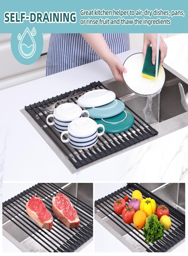 Ohuhu Roll Up Dish Racks, 16.5" L x 13" W Over The Sink Dish Drainer Drying Rack Kitchen Sink Organizer Silicone Wrapped Large in Sink Dish Drying Rack Foldable Rolling Drain Mats Anti-Slip - Image 3