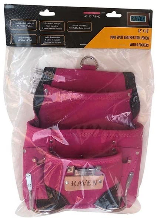 RAVEN Pink Leather Tool Pouch | 9 Pockets & 2 Hammer Holders | 13" (33.02 cm) x 9.5" (24.13 cm) | Ideal for Construction & Roofing Professionals - Image 4