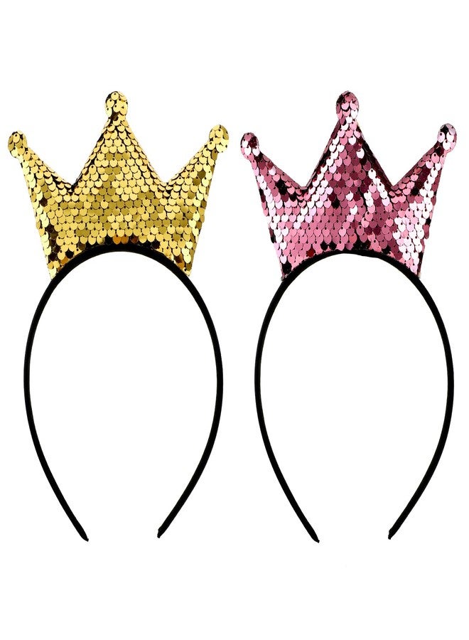 Sibba Sequin Crown Headband 2 Pcs Glitter Crowns Hair Band Gold Hair Hoop Pink Princess Hairbands Cute Clip Hair Styling Accessories Headwear for Women Birthday Party - Image 1