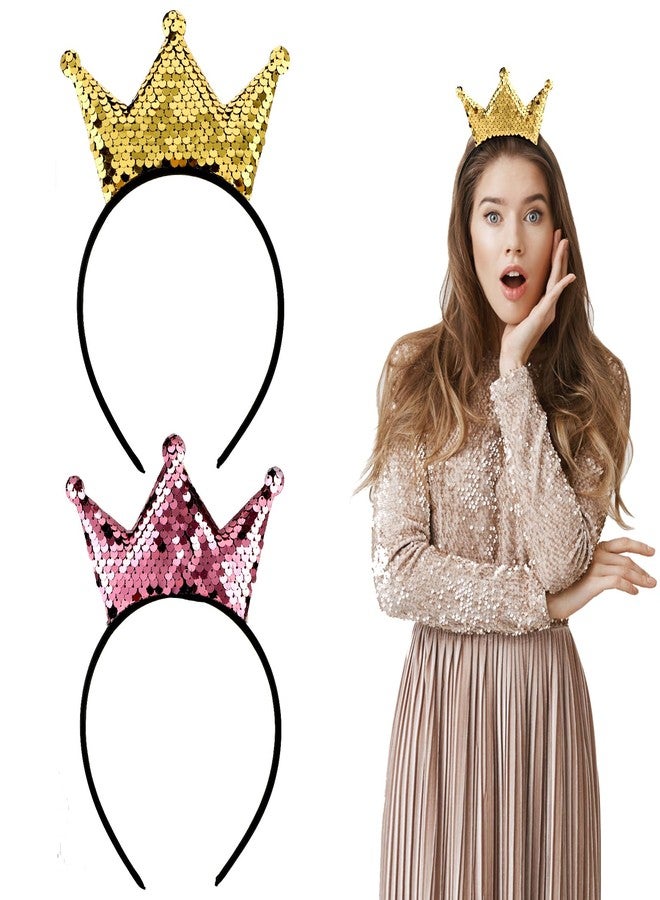 Sibba Sequin Crown Headband 2 Pcs Glitter Crowns Hair Band Gold Hair Hoop Pink Princess Hairbands Cute Clip Hair Styling Accessories Headwear for Women Birthday Party - Image 3